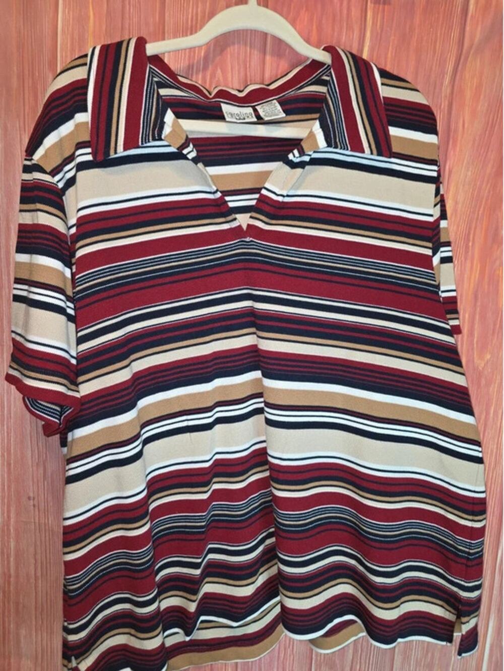 Carolina Colours Plus Burgundy Navy Tan Striped Johnny Collar Polo Top 26/28W